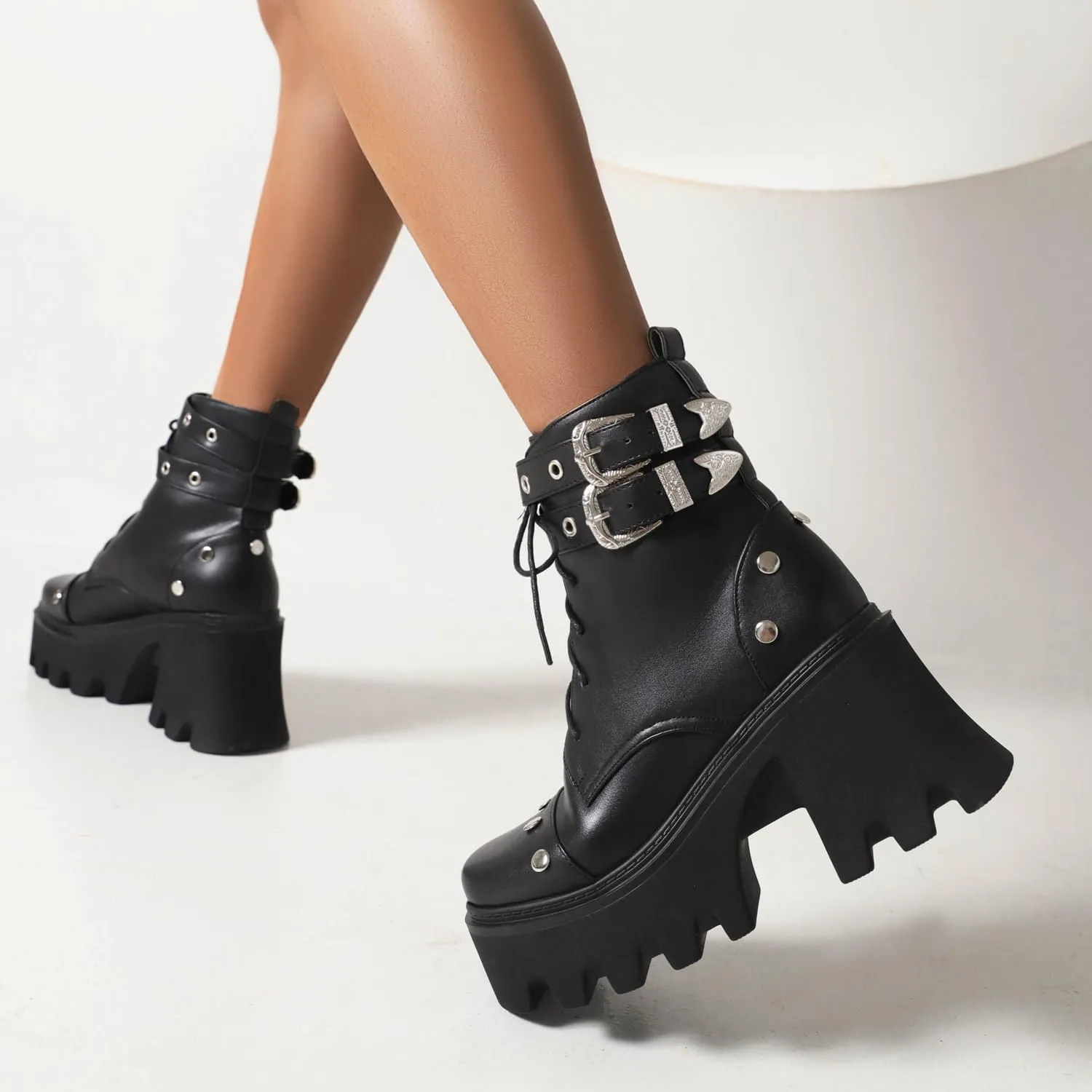 Women's Goth Platform Combat Boots, Gothic Chunky Heel Ankle Boots, Punk Fashion Booties