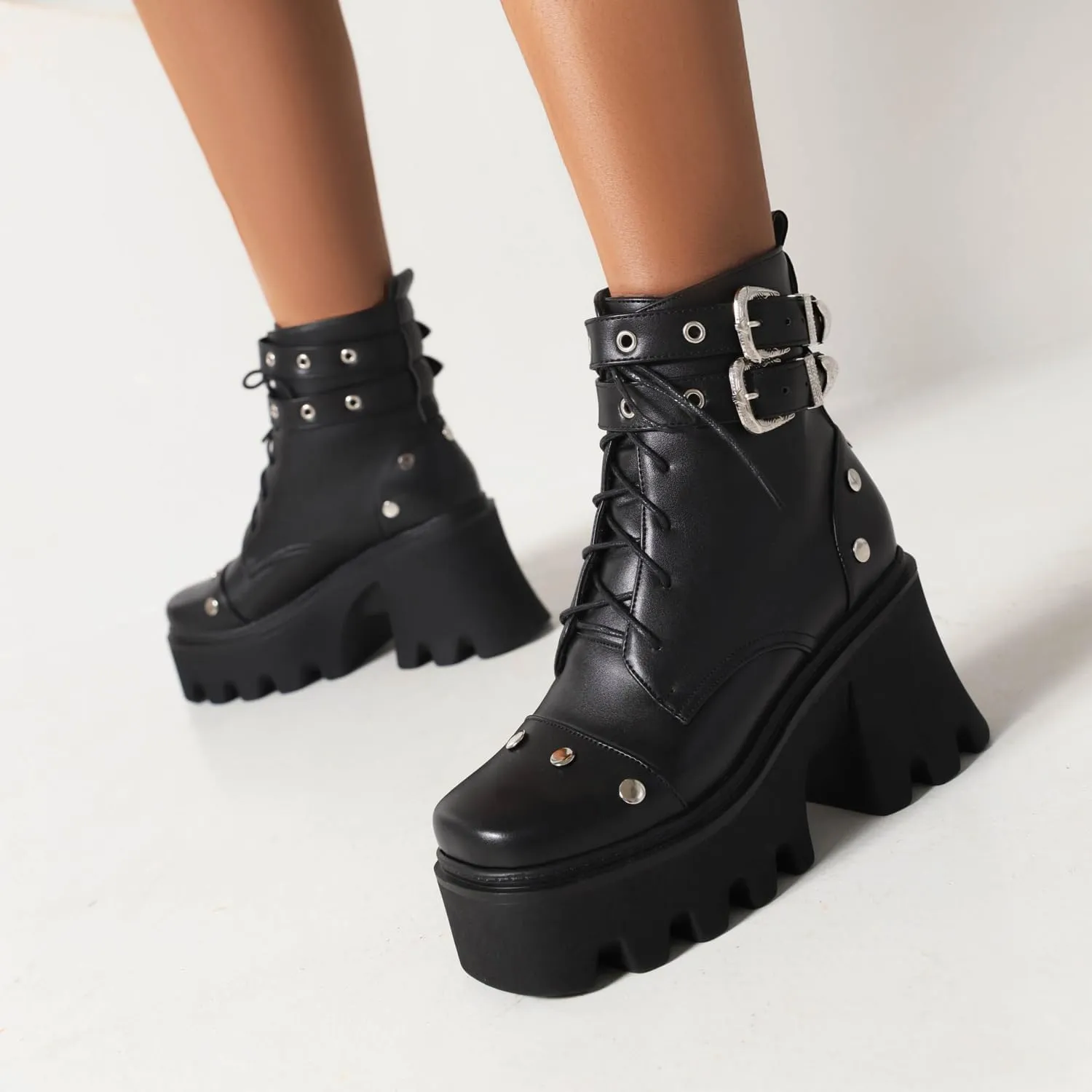 Women's Goth Platform Combat Boots, Gothic Chunky Heel Ankle Boots, Punk Fashion Booties