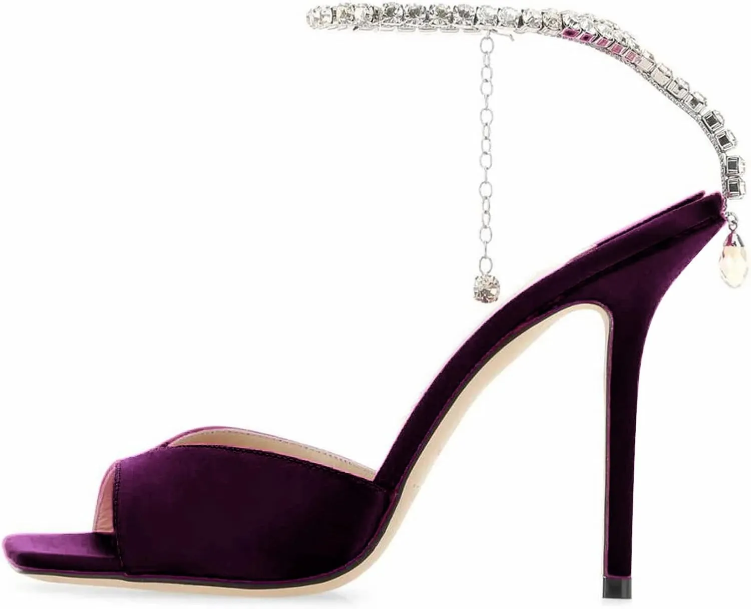 Women's Heeled Sandals Crystal Chain Ankle Strap Rhinestone Buckle Square Open Toe Stiletto High Heels Wedding Party Satin Dress Shoes