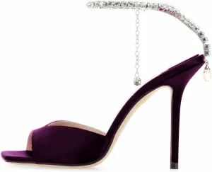Women's Heeled Sandals Crystal Chain Ankle Strap Rhinestone Buckle Square Open Toe Stiletto High Heels Wedding Party Satin Dress Shoes