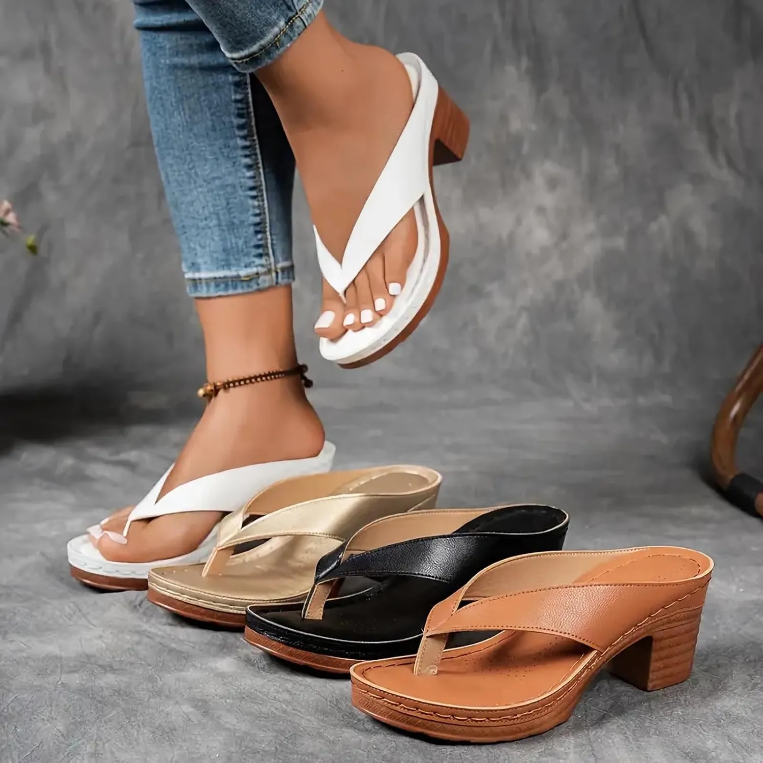 Womens Heeled Sandals Open Toe Square Slip on Flip Flops Comfortable Arch Support Summer Chunky Heel Sandals Casual Thong Walking Breathable Color Block Shoes