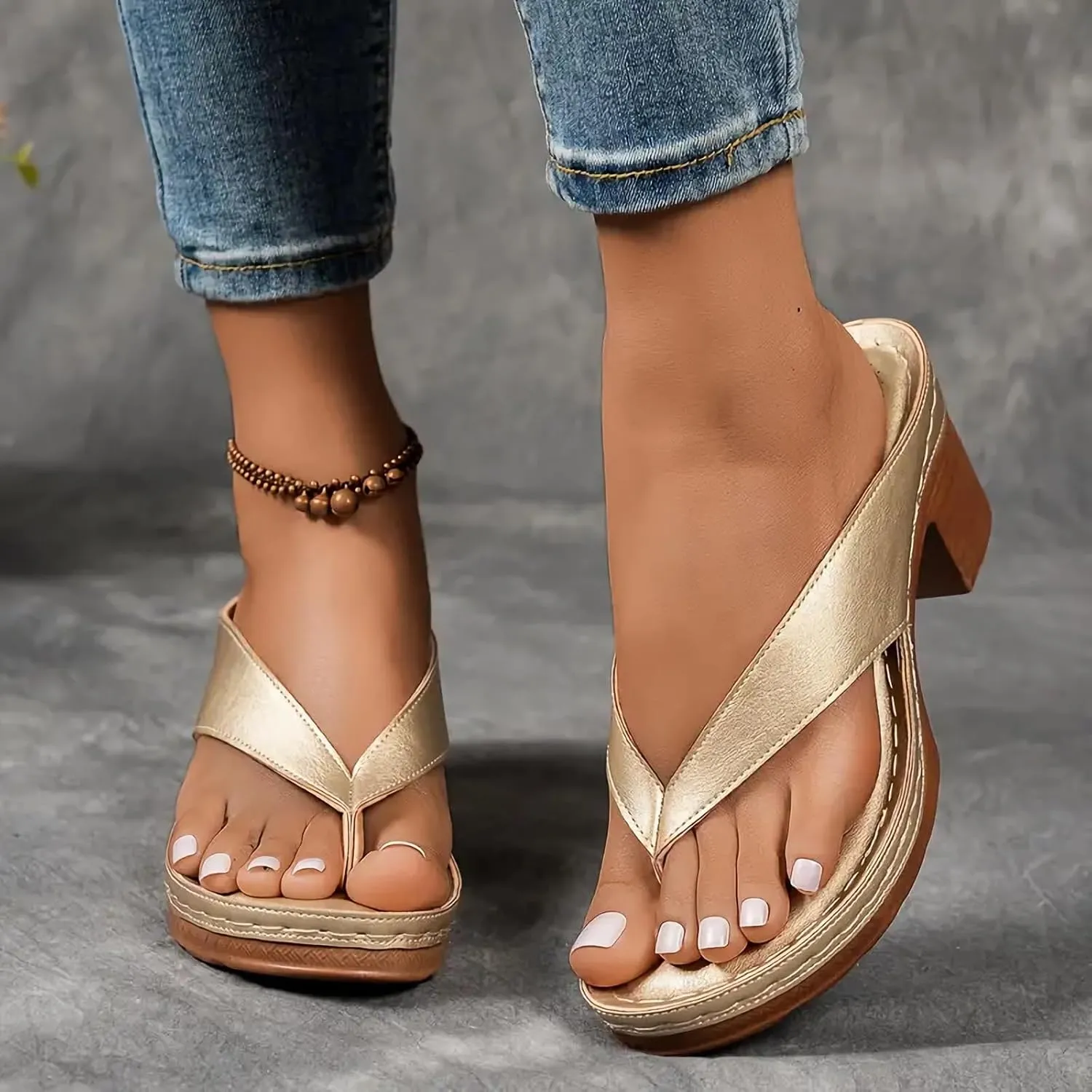 Womens Heeled Sandals Open Toe Square Slip on Flip Flops Comfortable Arch Support Summer Chunky Heel Sandals Casual Thong Walking Breathable Color Block Shoes