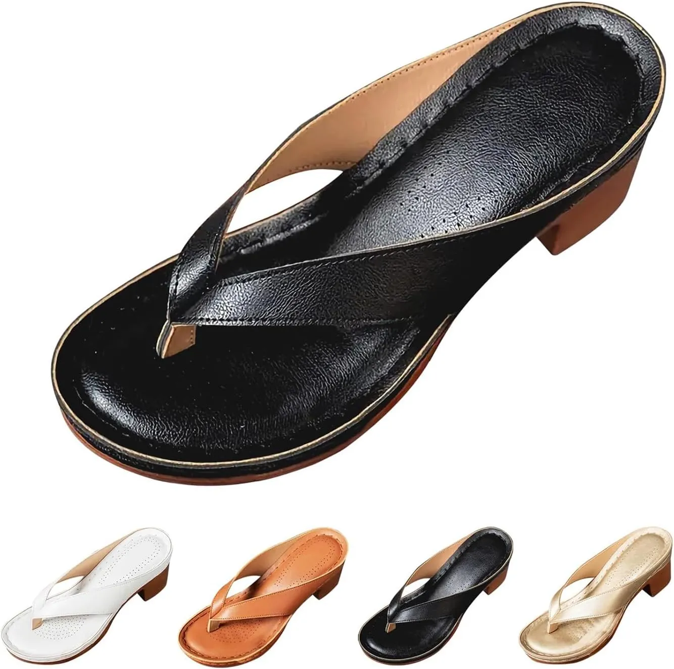 Womens Heeled Sandals Open Toe Square Slip on Flip Flops Comfortable Arch Support Summer Chunky Heel Sandals Casual Thong Walking Breathable Color Block Shoes