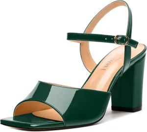 Womens Heeled Sandals Square Toe Ankle Strap Sandals High Block Chunky Heels Party Wedding Dress Slingback Sandals 3.3