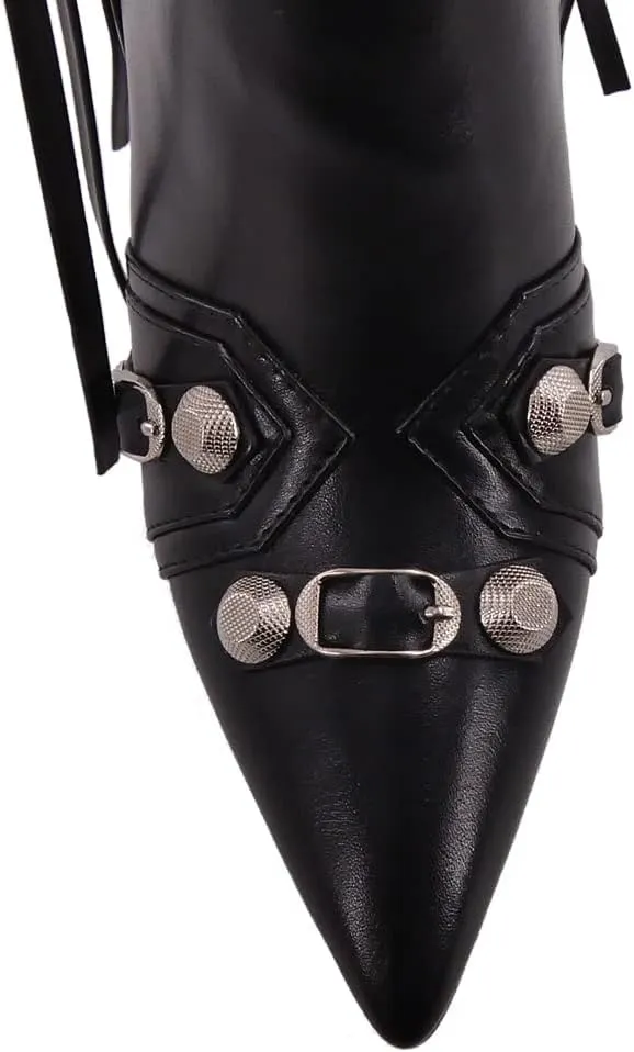 Women's High Heel Ankle Boots With Zipper Metal Chains Stiletto Heel Fringed Tassels Pointed Toe Sexy Motorcycle Combat Booties
