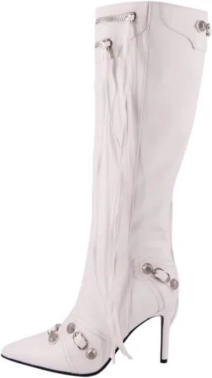 Women's High Heel Ankle Boots With Zipper Metal Chains Stiletto Heel Fringed Tassels Pointed Toe Sexy Motorcycle Combat Booties