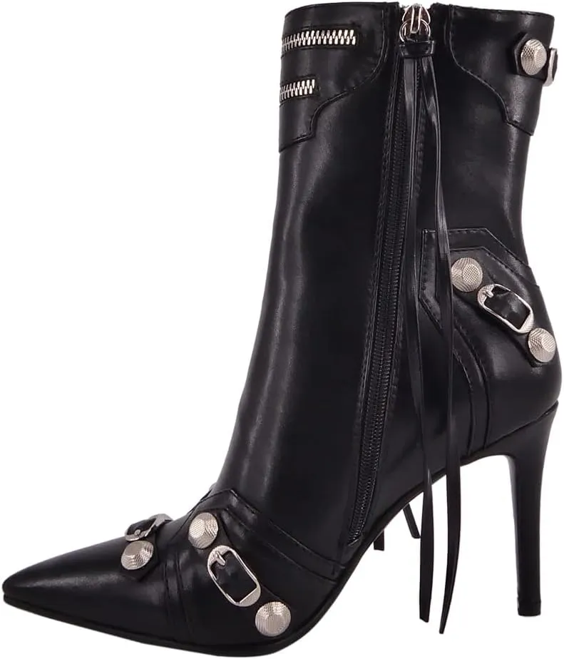 Women's High Heel Ankle Boots With Zipper Metal Chains Stiletto Heel Fringed Tassels Pointed Toe Sexy Motorcycle Combat Booties