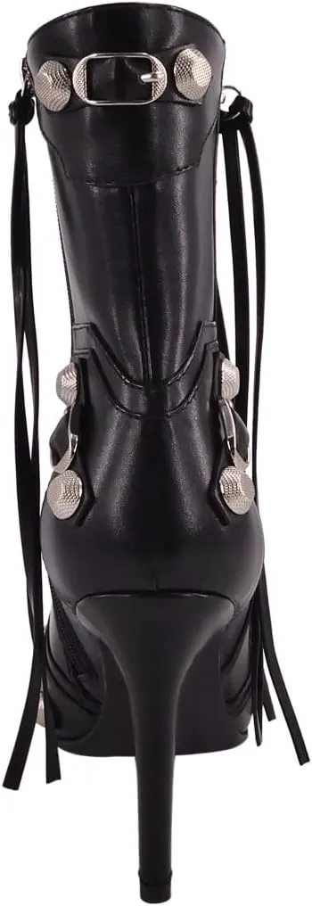 Women's High Heel Ankle Boots With Zipper Metal Chains Stiletto Heel Fringed Tassels Pointed Toe Sexy Motorcycle Combat Booties