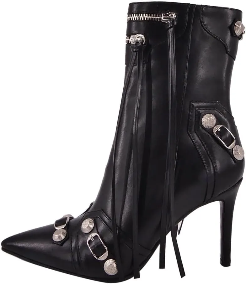 Women's High Heel Ankle Boots With Zipper Metal Chains Stiletto Heel Fringed Tassels Pointed Toe Sexy Motorcycle Combat Booties