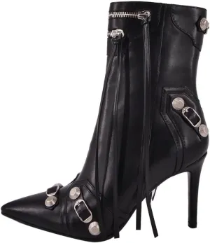 Women's High Heel Ankle Boots With Zipper Metal Chains Stiletto Heel Fringed Tassels Pointed Toe Sexy Motorcycle Combat Booties