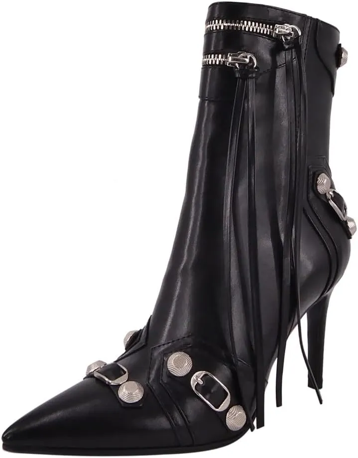 Women's High Heel Ankle Boots With Zipper Metal Chains Stiletto Heel Fringed Tassels Pointed Toe Sexy Motorcycle Combat Booties