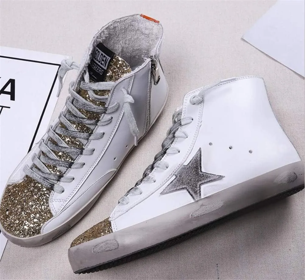 Women's High Top Fashion Flat Sneakers Distressed Design Lace up Star Glitter Shoes