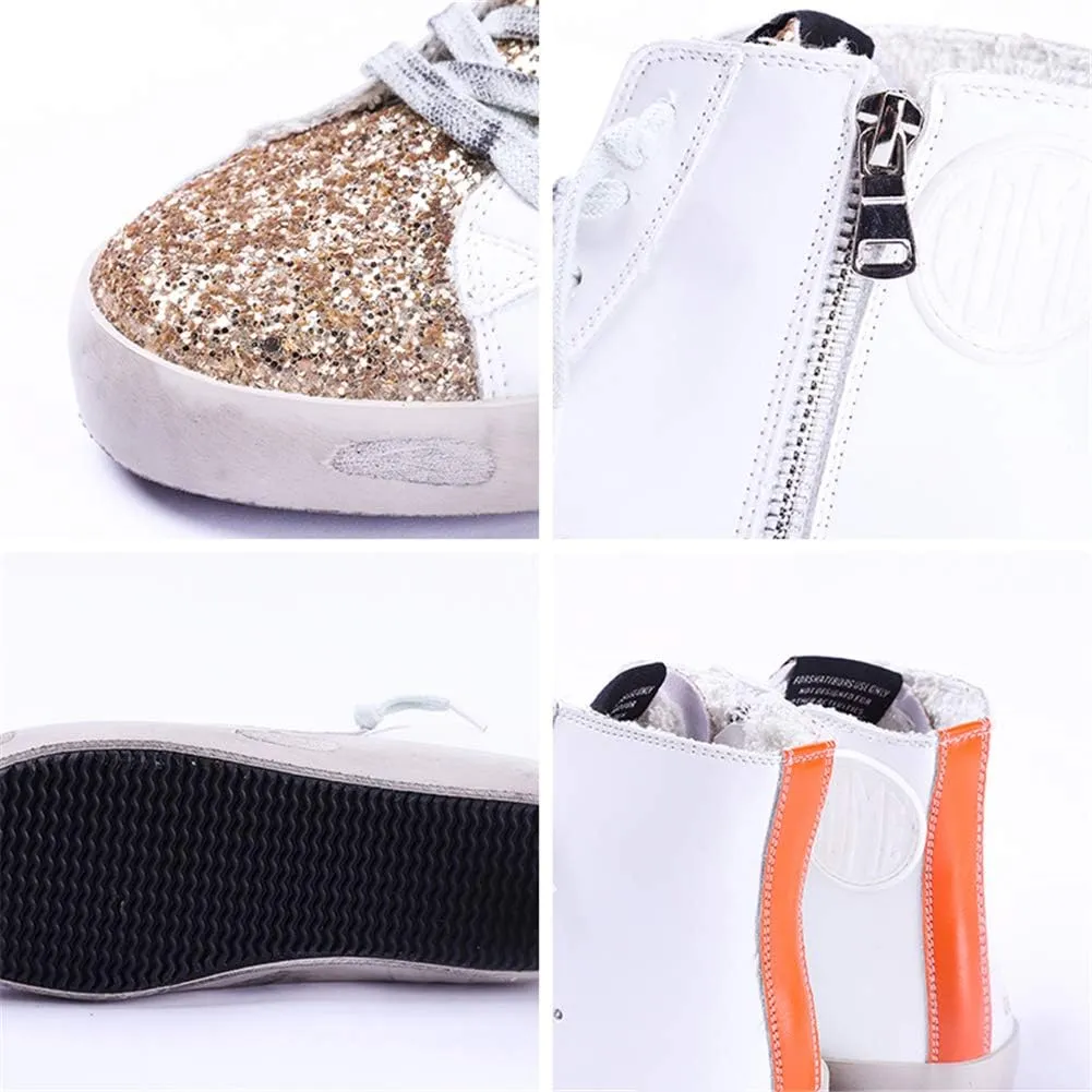 Women's High Top Fashion Flat Sneakers Distressed Design Lace up Star Glitter Shoes