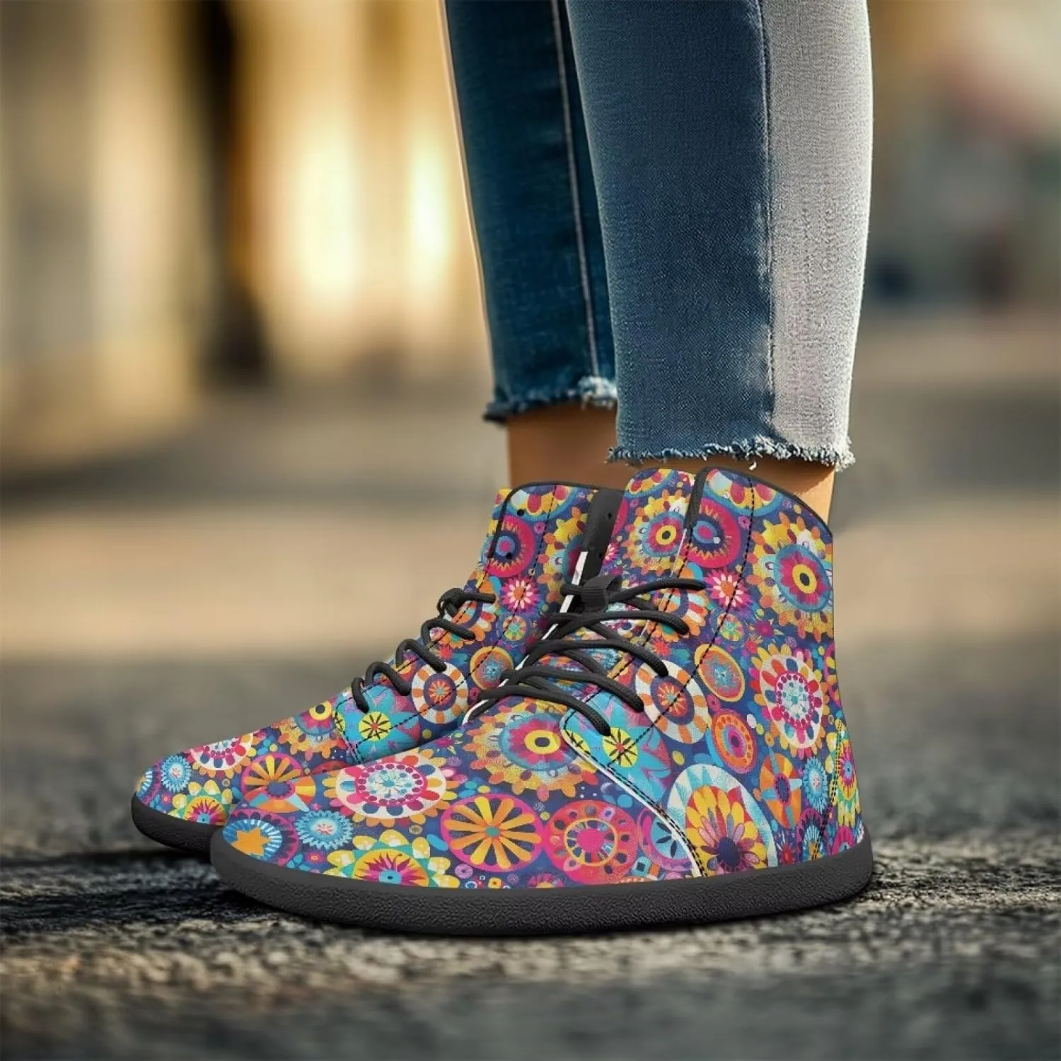 Women's High Top Sneakers Lace Up PU Leather Shoes with Flat Soles and Bandage, Fashionable Walking Shoes