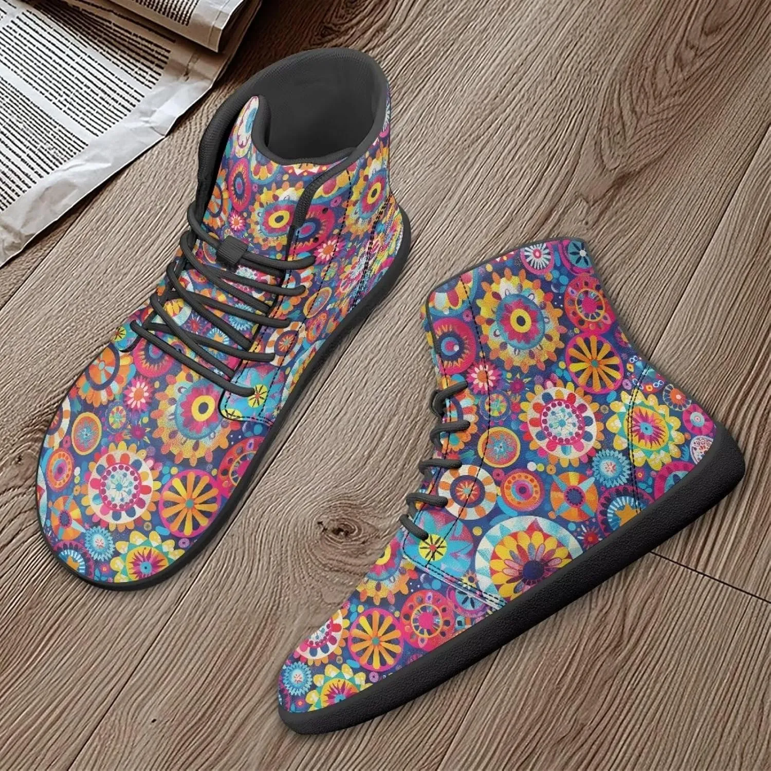 Women's High Top Sneakers Lace Up PU Leather Shoes with Flat Soles and Bandage, Fashionable Walking Shoes