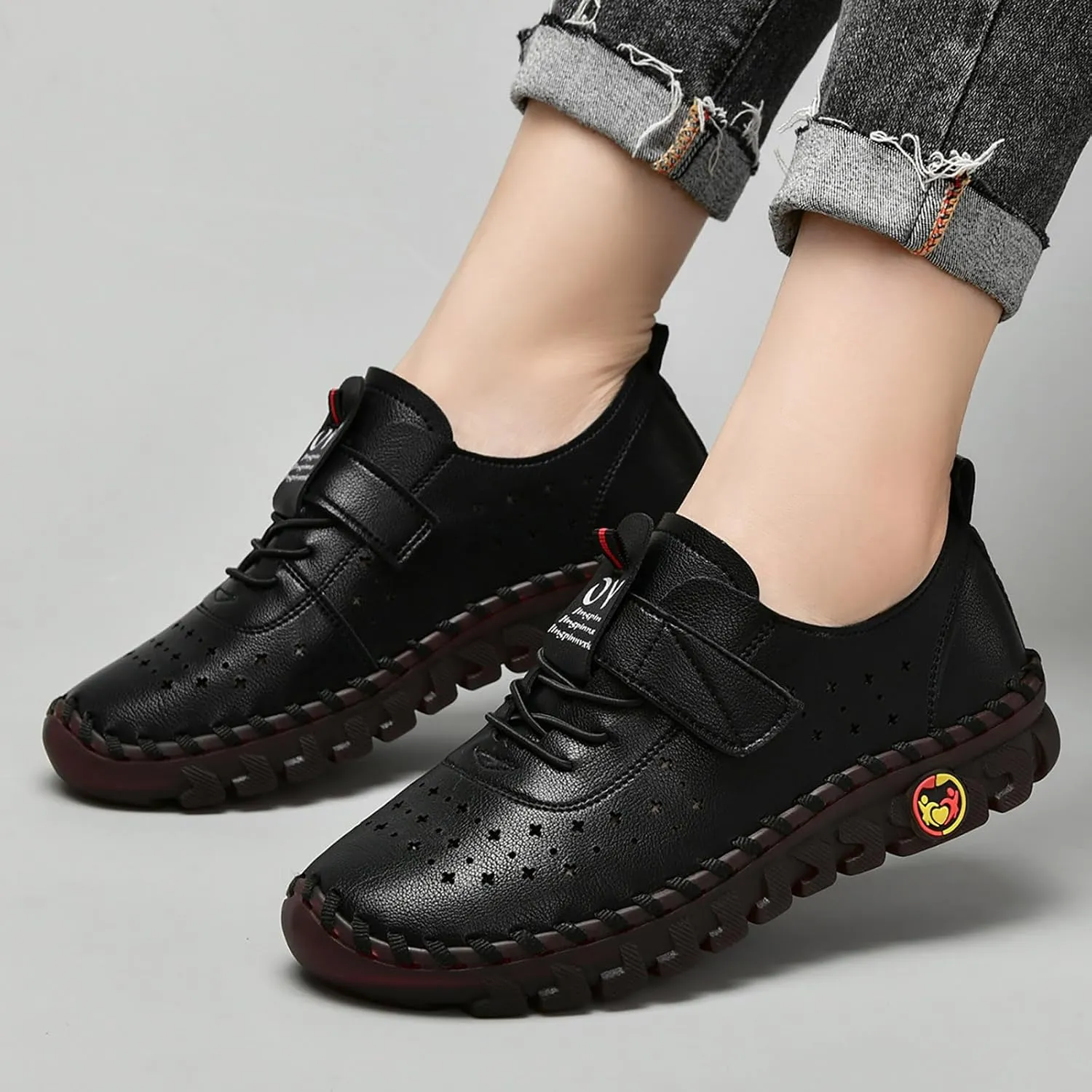 Women's Hollow Beef Tendon Soft Bottom Slip-on Flat Loafers,Fashion Hand Sewing Non-Slip Oxford Breathable Orthotic 4D Pain Relief Comfy Walk Casual Shoes