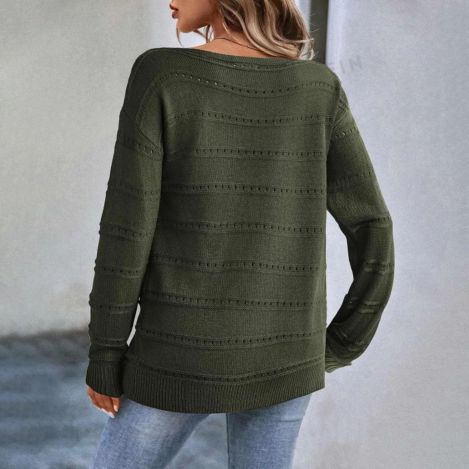 Women's Hollow Out Knitted Sweater Boat Neck Long Sleeve Pullover Top Crochet Solid Color Casual Loose Fit Sweaters