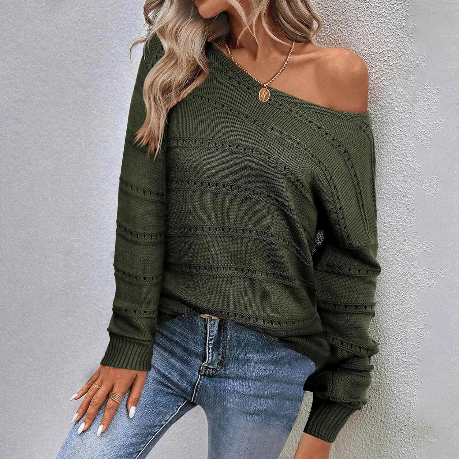 Women's Hollow Out Knitted Sweater Boat Neck Long Sleeve Pullover Top Crochet Solid Color Casual Loose Fit Sweaters