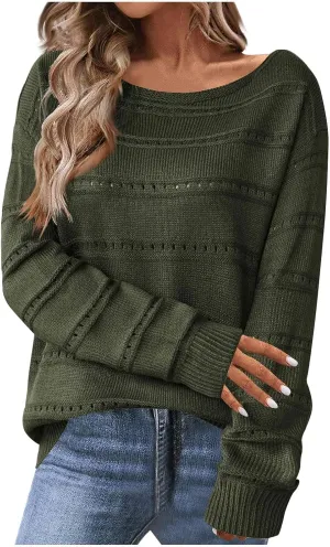 Women's Hollow Out Knitted Sweater Boat Neck Long Sleeve Pullover Top Crochet Solid Color Casual Loose Fit Sweaters