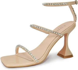 Women's Kitten Heel Rhinestone Sandals Lace Up Square Open Toe Heels Sparkly Sandals with Stiletto Buckle Strap for Dress Party Prom Wedding High Heeled Shoes