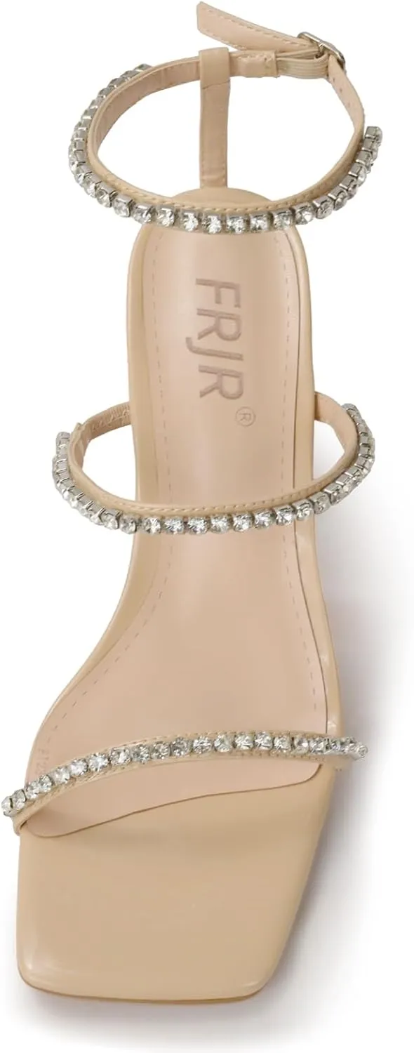 Women's Kitten Heel Rhinestone Sandals Lace Up Square Open Toe Heels Sparkly Sandals with Stiletto Buckle Strap for Dress Party Prom Wedding High Heeled Shoes