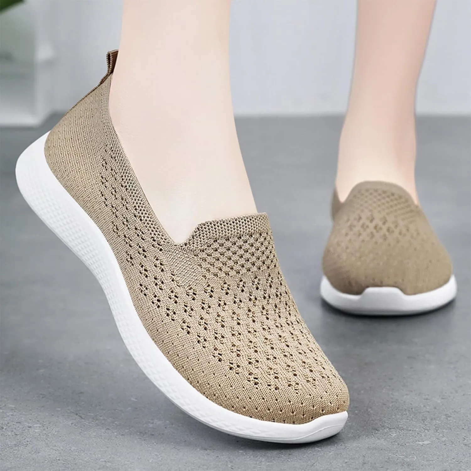Women's Knitted Slip On Orthopedic Walking Shoes Breathable Mesh Round Toe Low Top Flat Shoes Soft Sole Non-Slip Sneakers Loafers Comfortable Lightweight