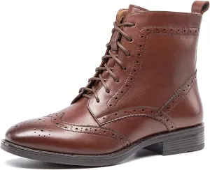 Women's Lace-Up Combat Boots Side Zipper Ankle Bootie Low Heel Brogue Leather for Girls Ladis Women Black Size 5