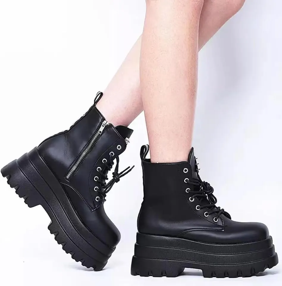 Women's Lace up Platform Goth Boots, Punk Wedge High Heel Combat Boots Booties, Gothic Ankle Boots Shoes