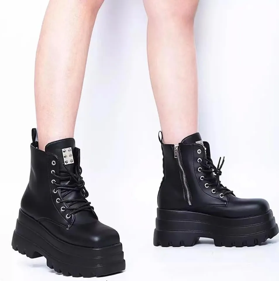 Women's Lace up Platform Goth Boots, Punk Wedge High Heel Combat Boots Booties, Gothic Ankle Boots Shoes