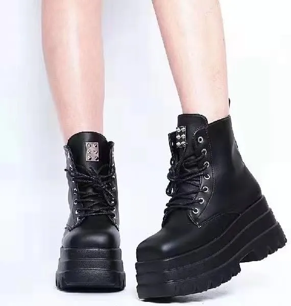 Women's Lace up Platform Goth Boots, Punk Wedge High Heel Combat Boots Booties, Gothic Ankle Boots Shoes