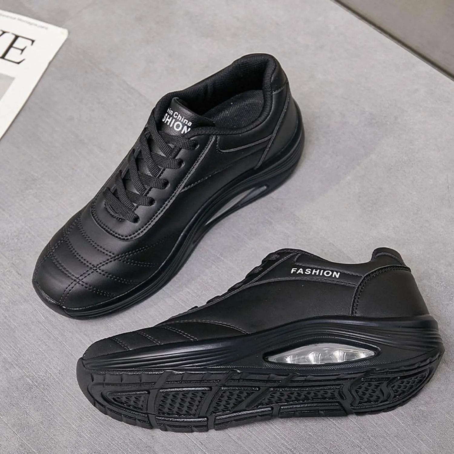 Women's Leather Lace-up Orthotic Air Cushion Sneakers,Arch Support Comfortable Soft Sole Walking Rocker Shoes Fashion Breathable Gym Jogging Running Tennis Shoes
