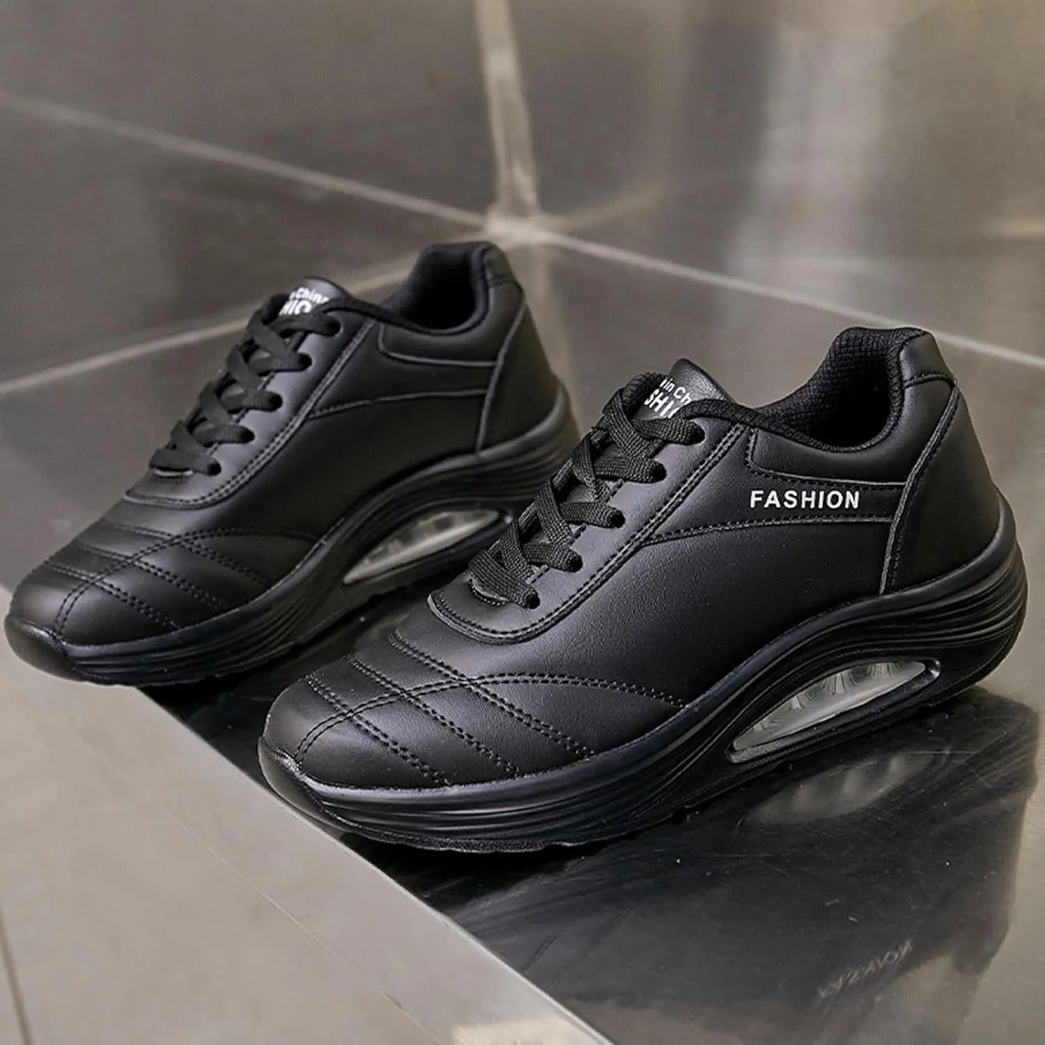Women's Leather Lace-up Orthotic Air Cushion Sneakers,Arch Support Comfortable Soft Sole Walking Rocker Shoes Fashion Breathable Gym Jogging Running Tennis Shoes