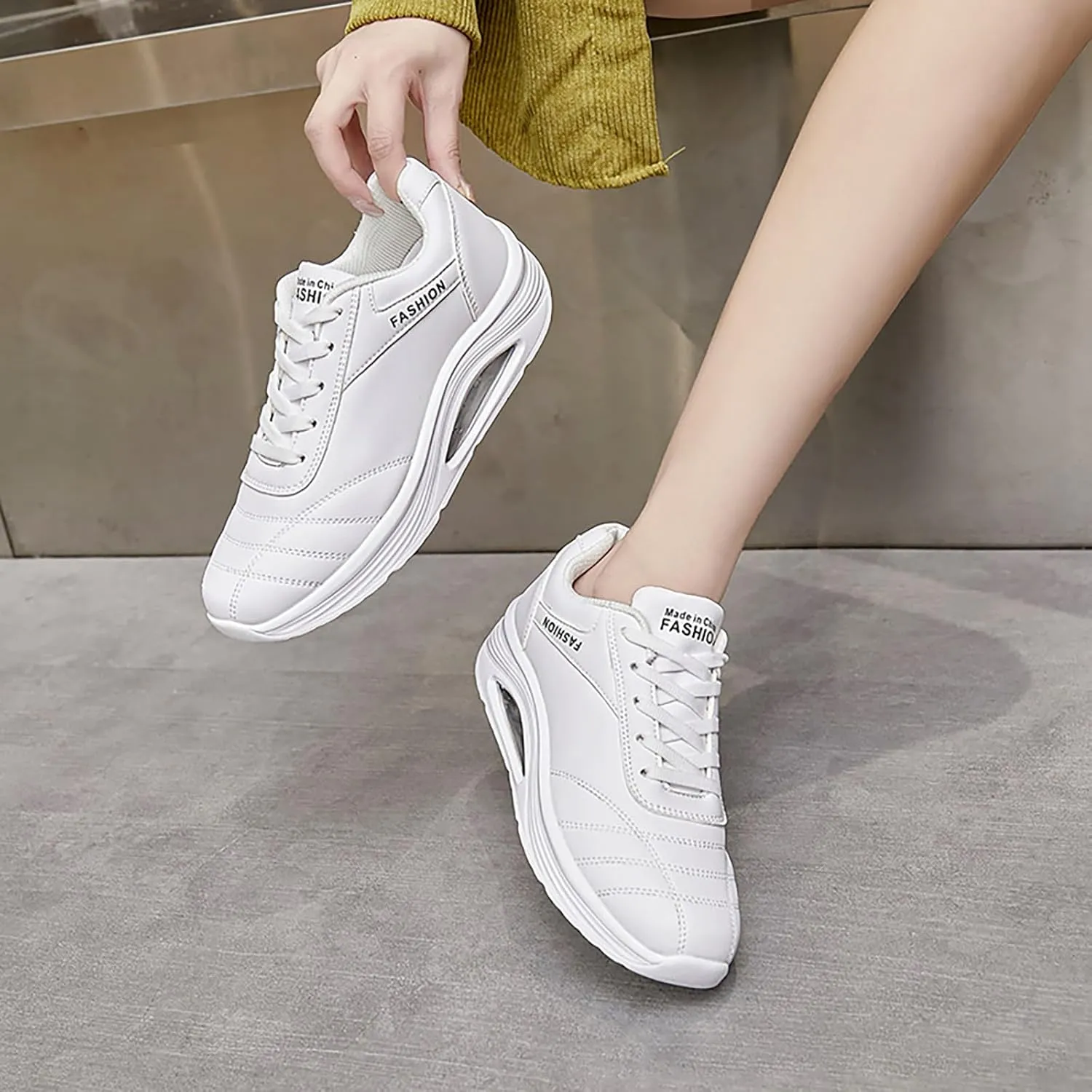 Women's Leather Lace-up Orthotic Air Cushion Sneakers,Arch Support Comfortable Soft Sole Walking Rocker Shoes Fashion Breathable Gym Jogging Running Tennis Shoes