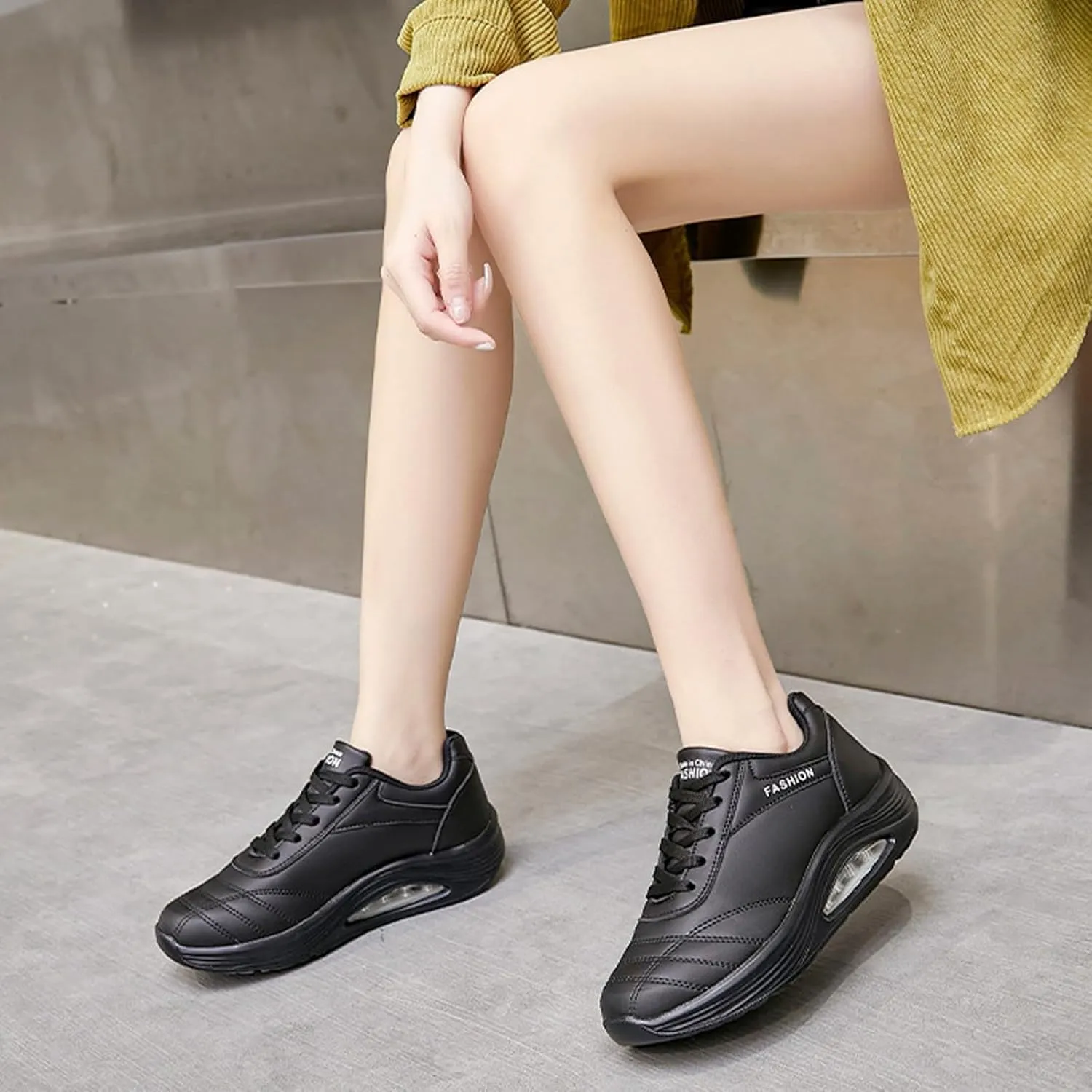 Women's Leather Lace-up Orthotic Air Cushion Sneakers,Arch Support Comfortable Soft Sole Walking Rocker Shoes Fashion Breathable Gym Jogging Running Tennis Shoes