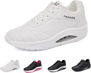 Women's Leather Lace-up Orthotic Air Cushion Sneakers,Arch Support Comfortable Soft Sole Walking Rocker Shoes Fashion Breathable Gym Jogging Running Tennis Shoes