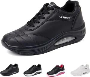 Women's Leather Lace-up Orthotic Air Cushion Sneakers,Arch Support Comfortable Soft Sole Walking Rocker Shoes Fashion Breathable Gym Jogging Running Tennis Shoes