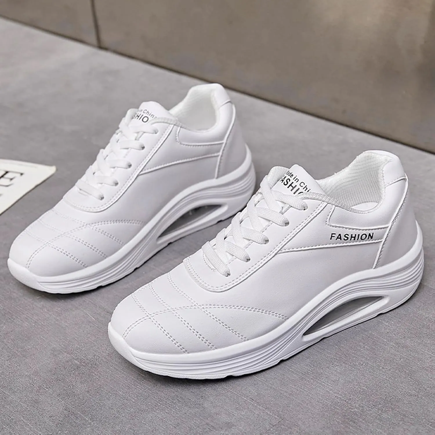 Women's Leather Lace-up Orthotic Air Cushion Sneakers,Arch Support Comfortable Soft Sole Walking Rocker Shoes Fashion Breathable Gym Jogging Running Tennis Shoes