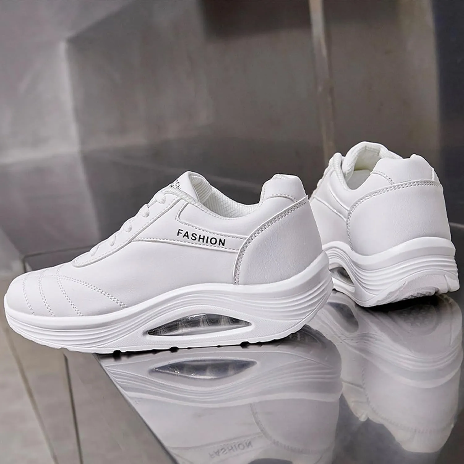 Women's Leather Lace-up Orthotic Air Cushion Sneakers,Arch Support Comfortable Soft Sole Walking Rocker Shoes Fashion Breathable Gym Jogging Running Tennis Shoes