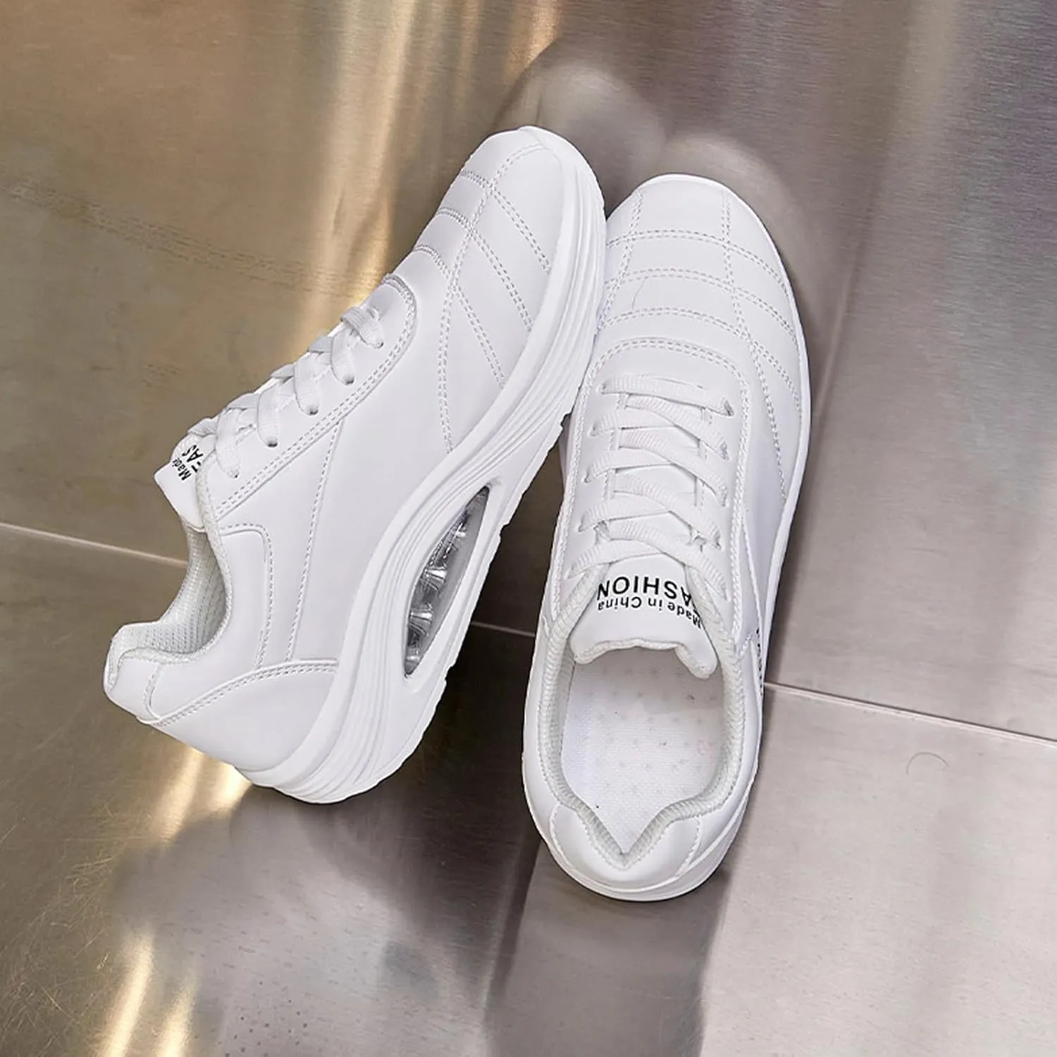 Women's Leather Lace-up Orthotic Air Cushion Sneakers,Arch Support Comfortable Soft Sole Walking Rocker Shoes Fashion Breathable Gym Jogging Running Tennis Shoes