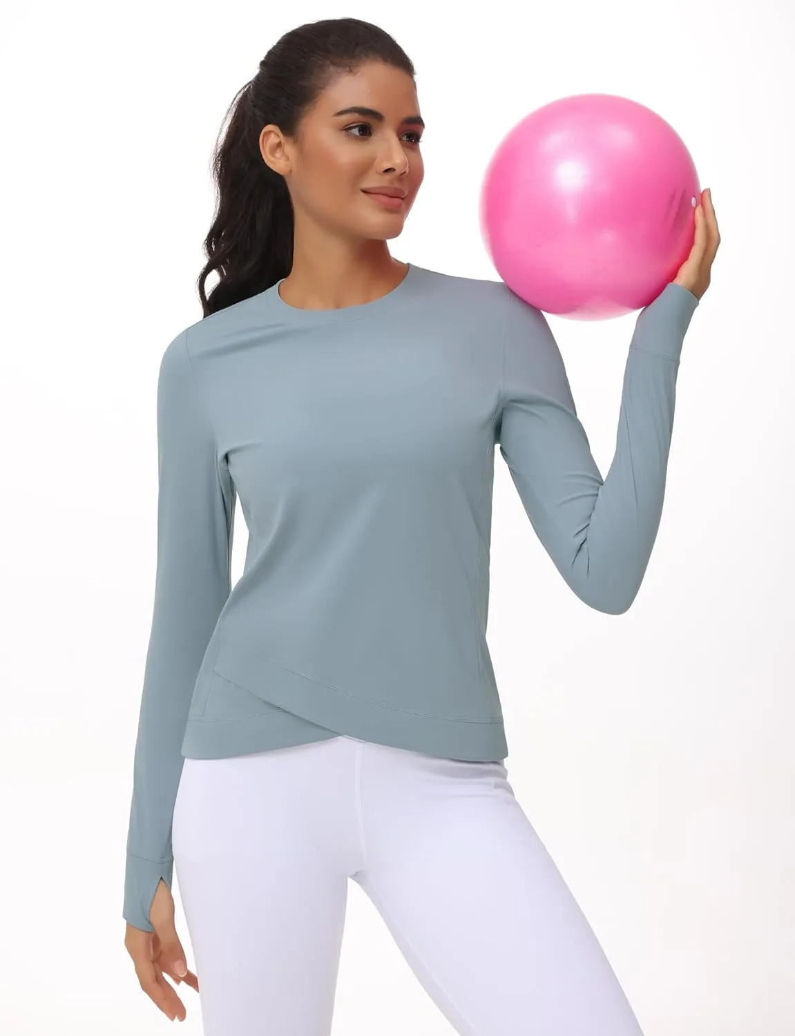 Women's Long Sleeve Compression Shirts Workout Tops Cross Hem Athletic Running Yoga T-Shirts with Thumb Hole