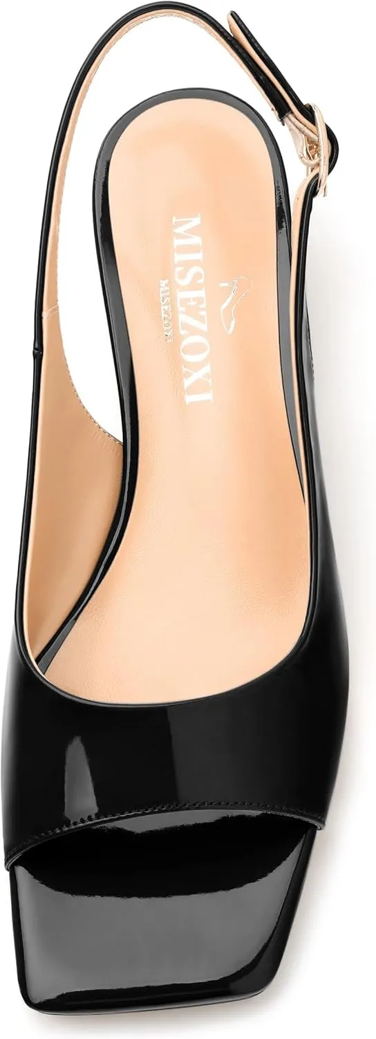 Womens Low Heel Slingbacks, Square Peep Toe Block Heel Sandals for Women, Comfort Heeled Casual Shoes