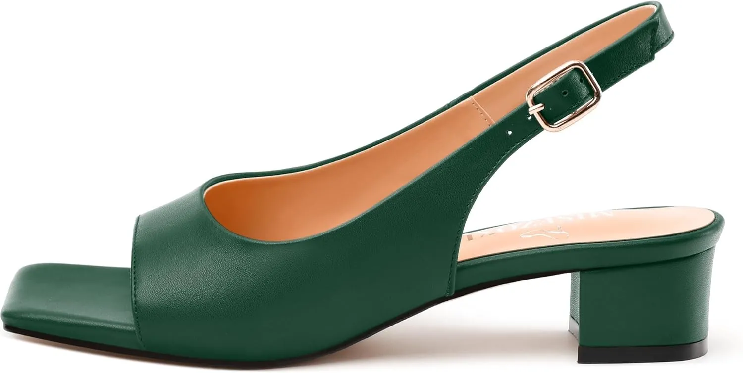 Womens Low Heel Slingbacks, Square Peep Toe Block Heel Sandals for Women, Comfort Heeled Casual Shoes