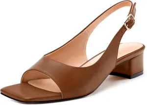 Womens Low Heel Slingbacks, Square Peep Toe Block Heel Sandals for Women, Comfort Heeled Casual Shoes