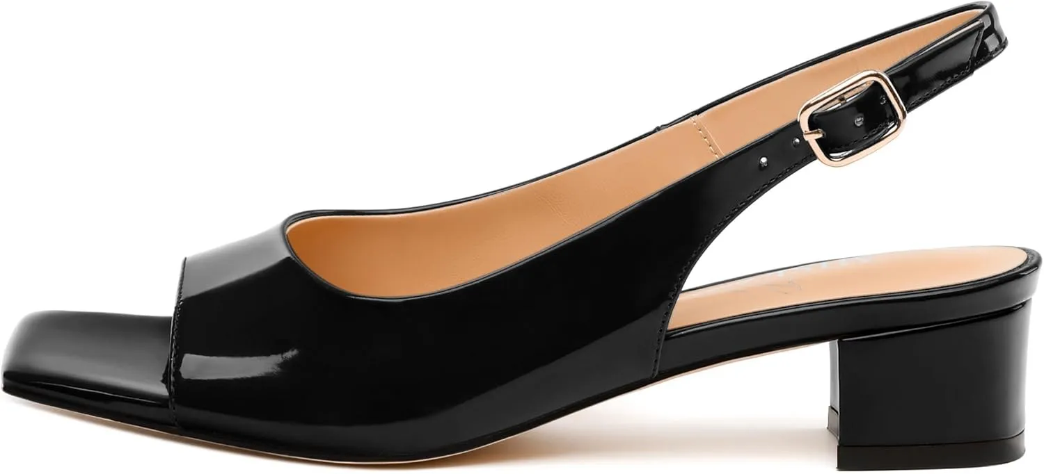 Womens Low Heel Slingbacks, Square Peep Toe Block Heel Sandals for Women, Comfort Heeled Casual Shoes