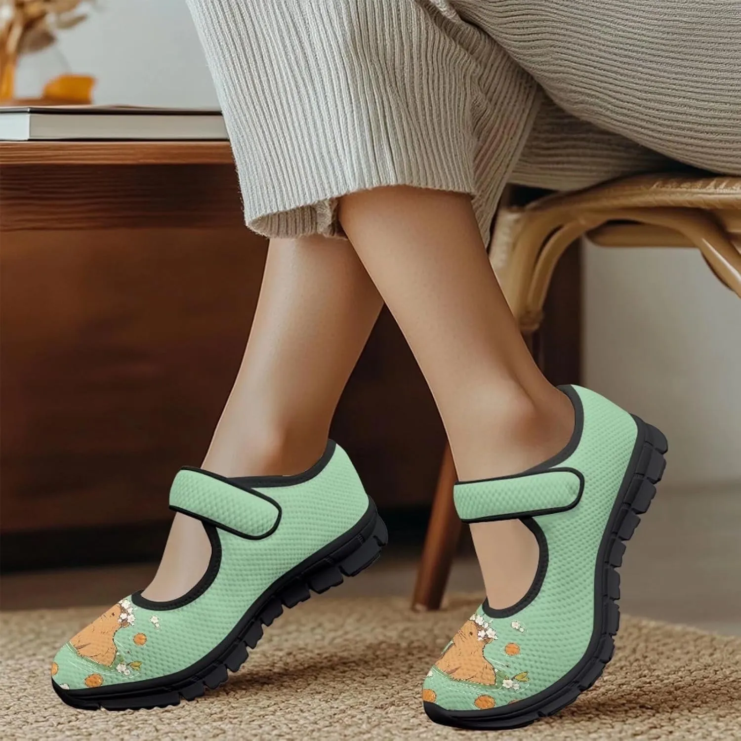 Women's Mary Jane Sneakers Breathable Walking Shoes Fashion Adjustable Working Shoes Lightweight Flat Shoes