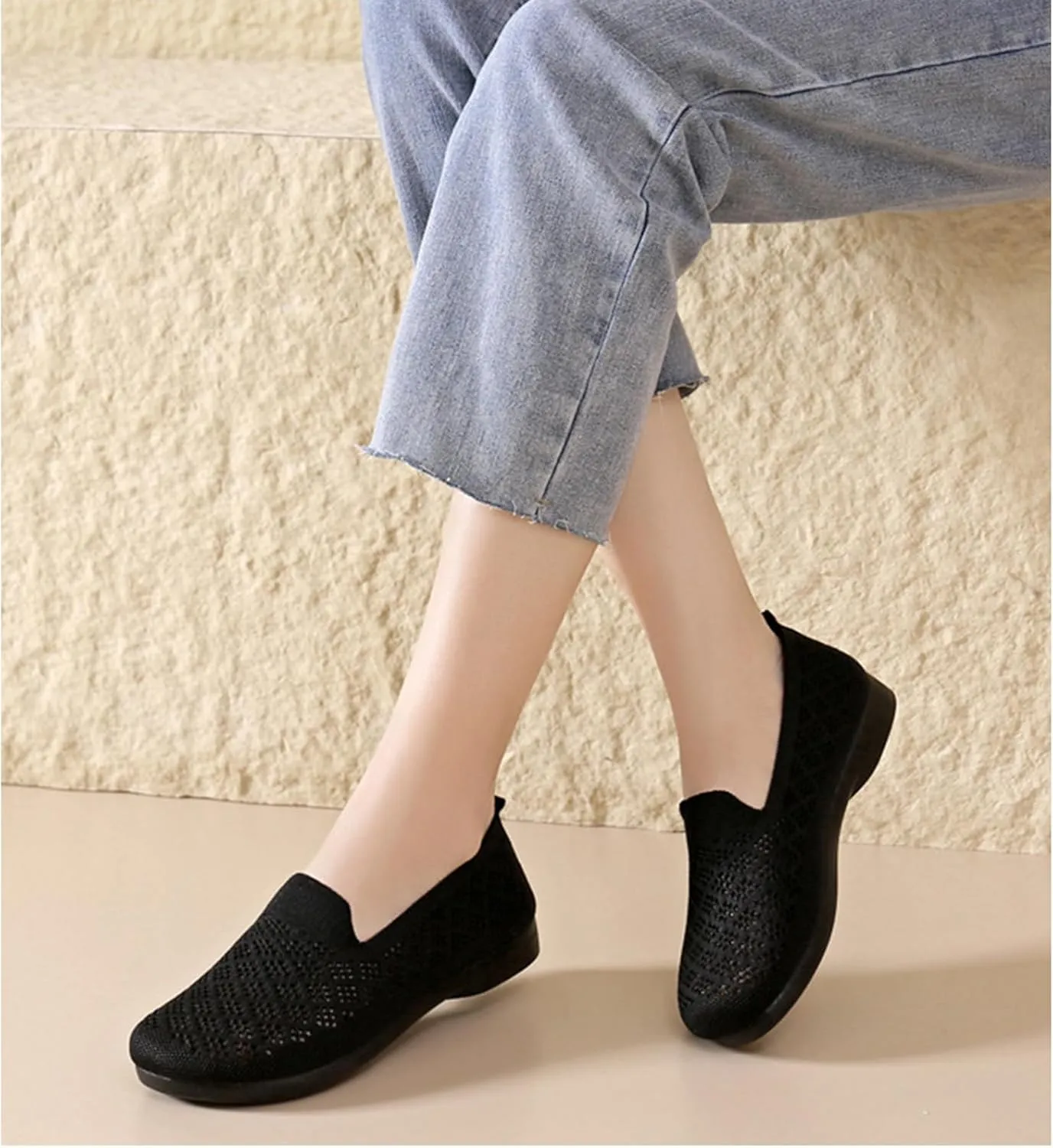 Women's Mesh Cutout Cloth Flats Loafer Shoes Round Toe Comfort Breathable Casual Slip On Walking Shoes for Flexible Workout