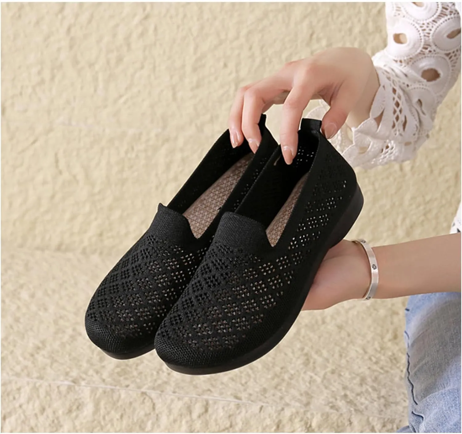 Women's Mesh Cutout Cloth Flats Loafer Shoes Round Toe Comfort Breathable Casual Slip On Walking Shoes for Flexible Workout