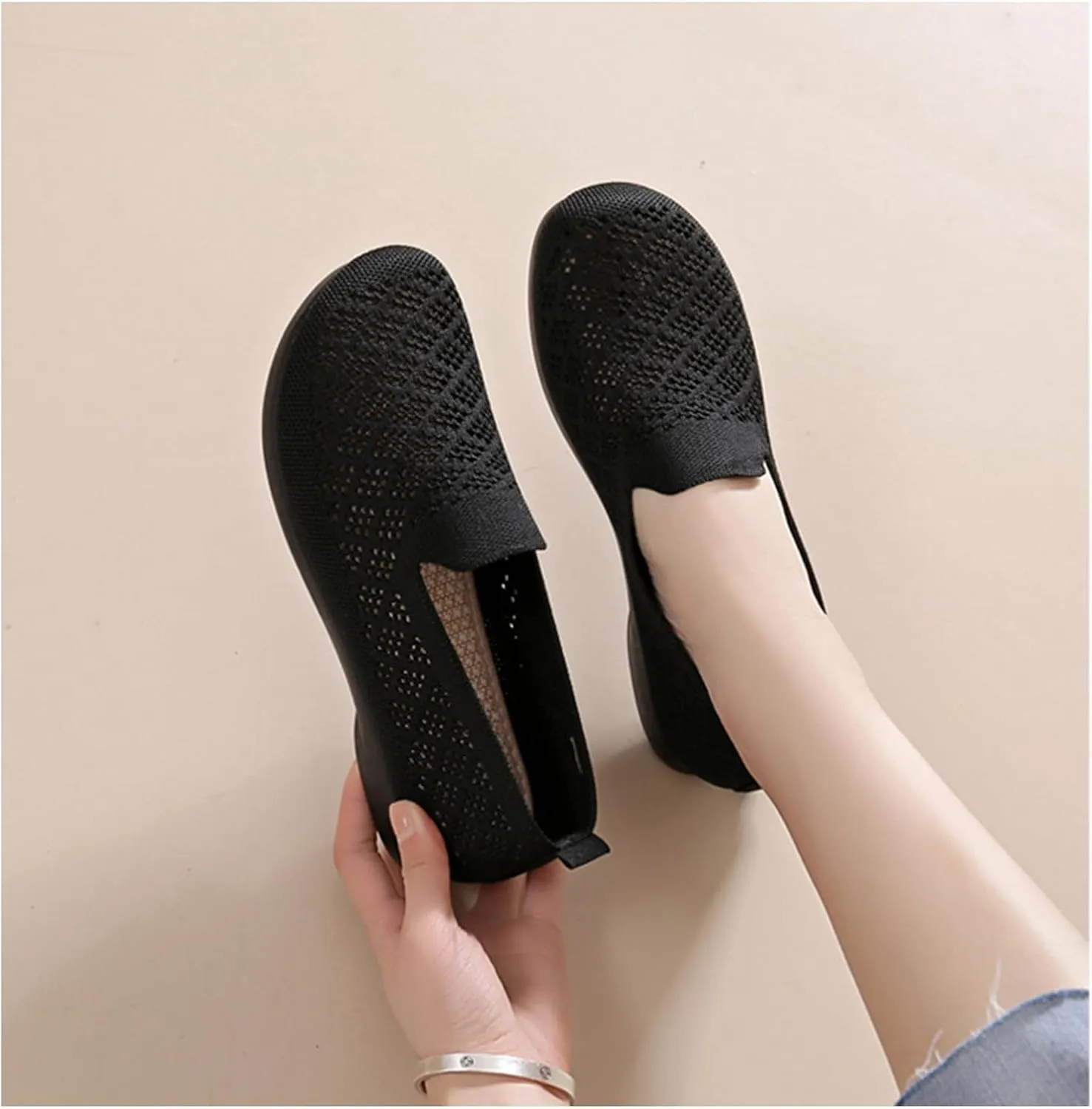 Women's Mesh Cutout Cloth Flats Loafer Shoes Round Toe Comfort Breathable Casual Slip On Walking Shoes for Flexible Workout