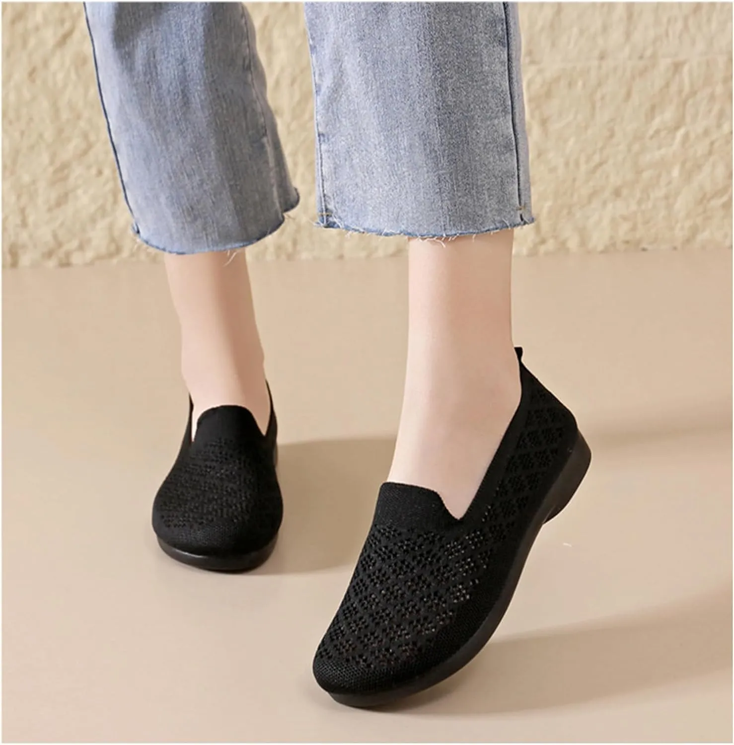 Women's Mesh Cutout Cloth Flats Loafer Shoes Round Toe Comfort Breathable Casual Slip On Walking Shoes for Flexible Workout