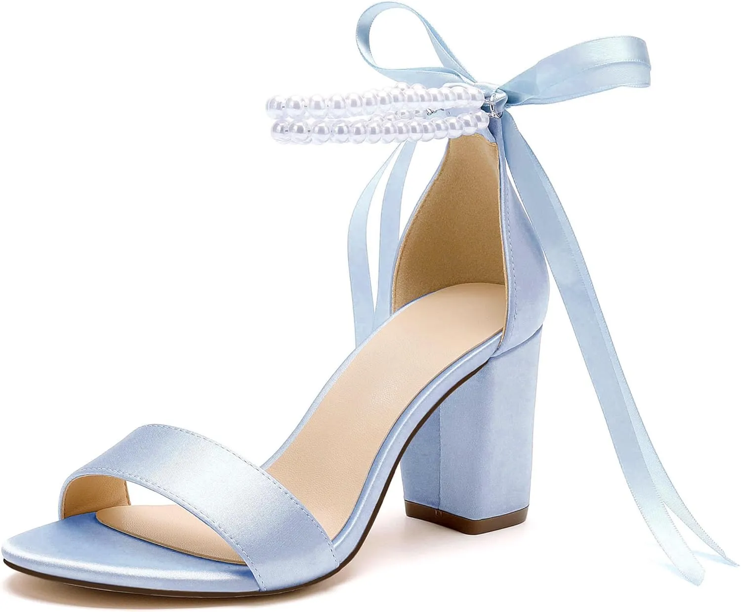 Women's Open Toe Pearl Wedding Shoes for Bride High Heels Sandals Satin Bridal Block Chunky Heels Ankle Strap Prom Evening Party Pumps